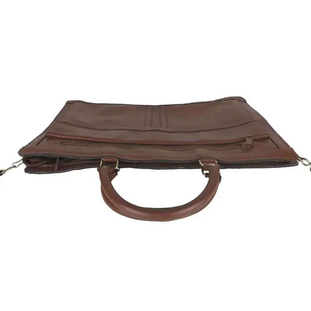 Unisex Brown Leather Pockets Dividers Detachable Strap‎ Double Handles Bag